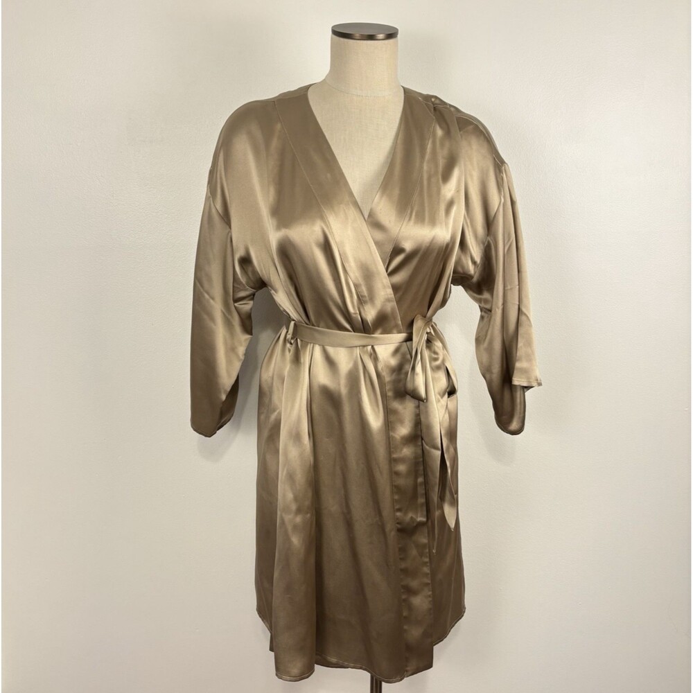 Nordstrom 100% Silk Robe Women Large Taupe Gold Satin Kimono Wrap Belt Short